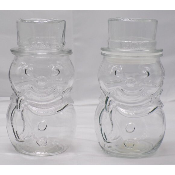 VTG Set- 2 Libbey Canada Clear Glass Snowmen Lidded Holiday Apothecary Jars 8" - Picture 1 of 8